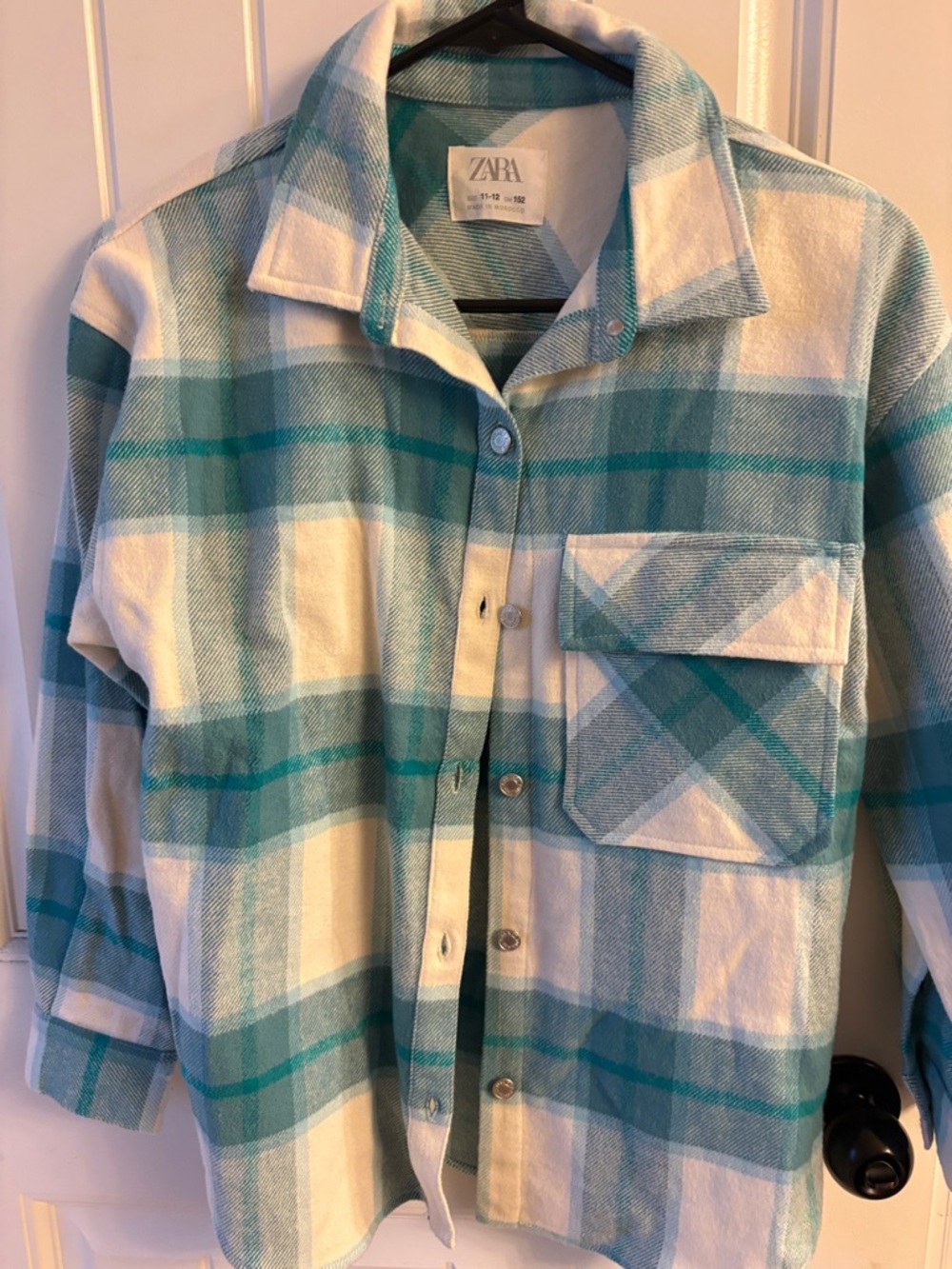 Zara Kids Teal & White Plaid Button-Up Shacket